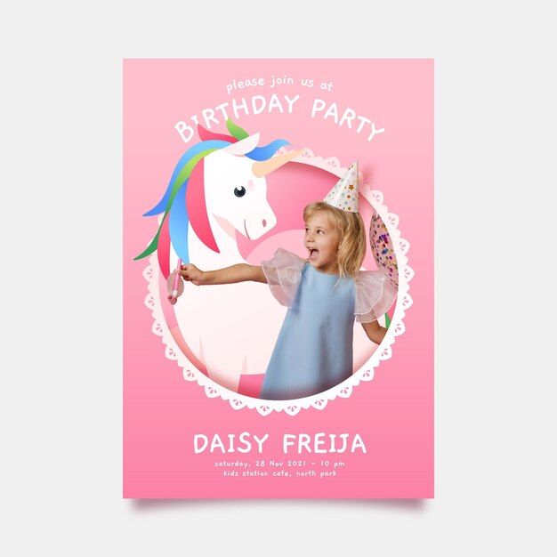 Flat unicorn birthday invitation template with photo