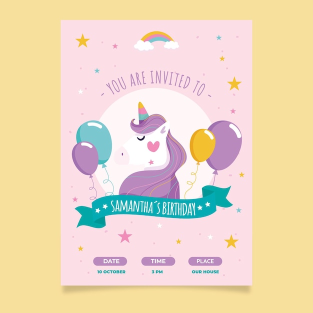 Flat unicorn birthday invitation template