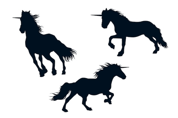 Free vector flat unicorn and cowboy horse silhouettes