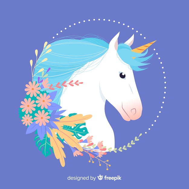 Free Vector flat unicorn with leaves and flowers