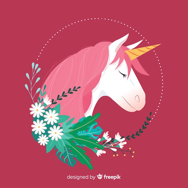 Free Vector flat unicorn with leaves and flowers