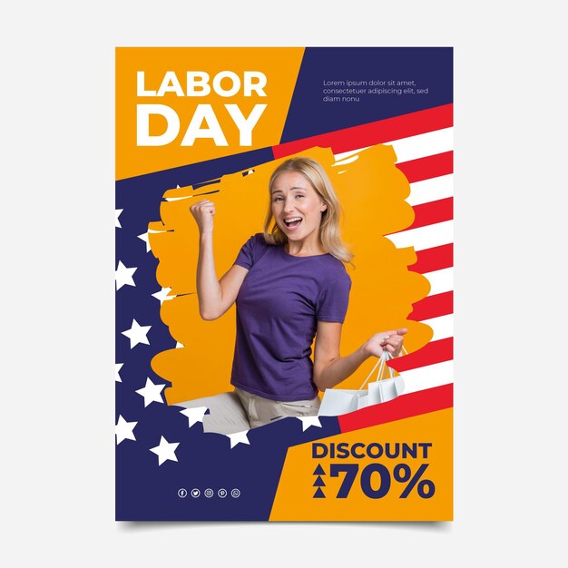 Flat usa labor day sale vertical poster template with photo