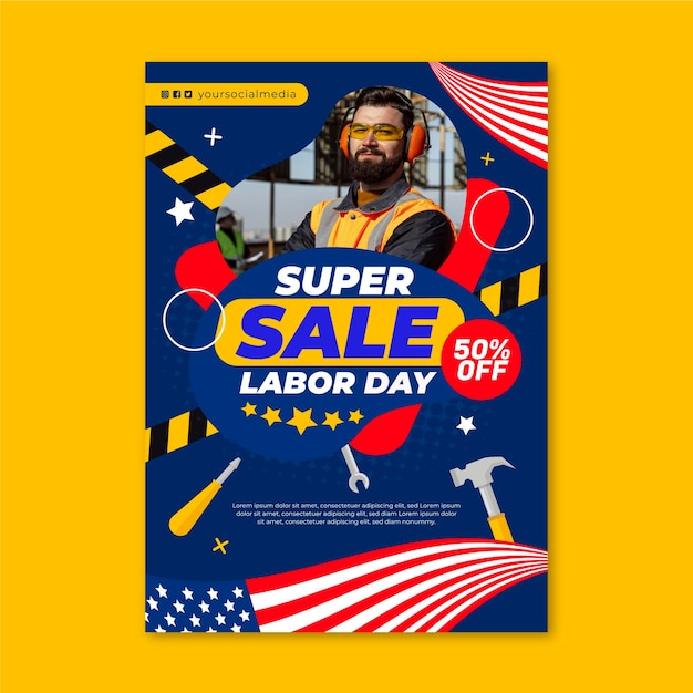 Flat usa labor day sale vertical poster template with photo