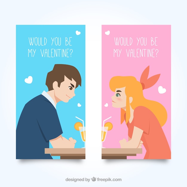 Free Vector flat valentine's banners with man and woman drinking and orange juice