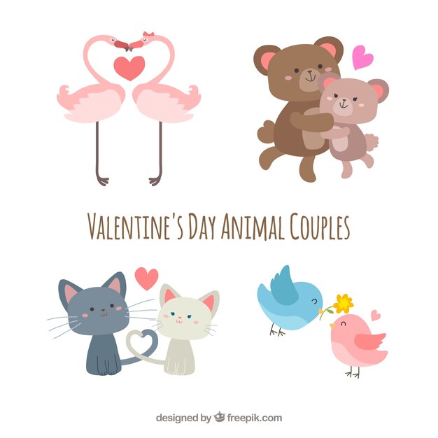 Flat valentine's day animal couple collection