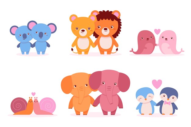 Flat valentine's day animal couple set