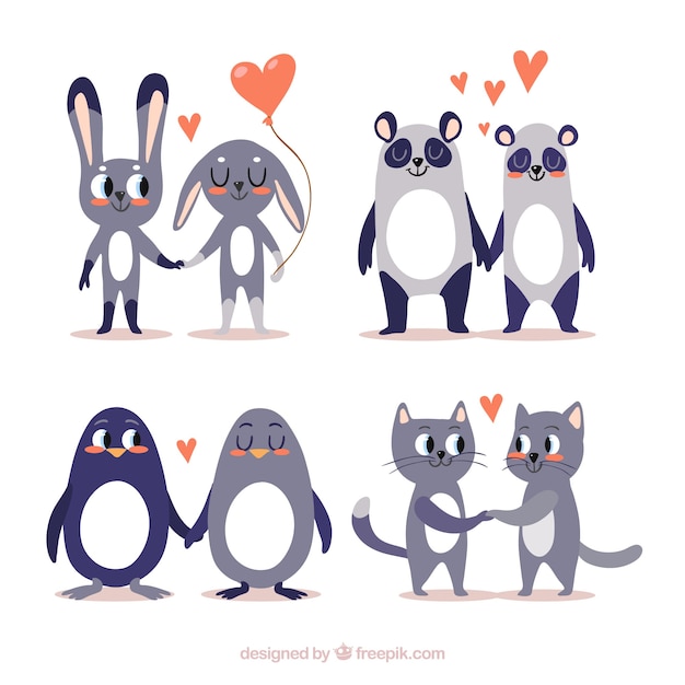 Flat valentine's day animal couples collection