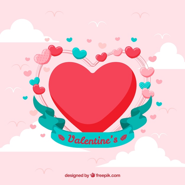 Flat valentine's day background with heart balloons