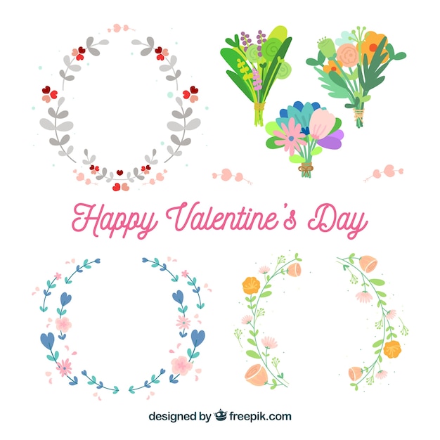 Flat valentine's day floral wreaths & bouquets