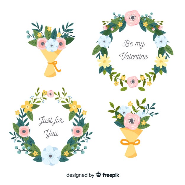 Flat valentine's day floral wreaths & bouquets