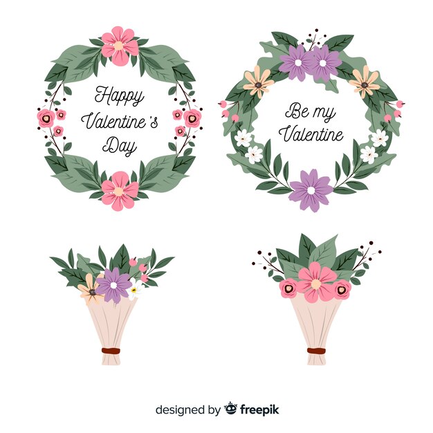 Flat valentine's day floral wreaths & bouquets