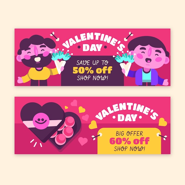 Flat valentine's day sale horizontal banners set