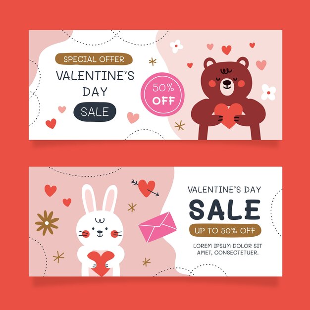 Flat valentine's day sale horizontal banners set