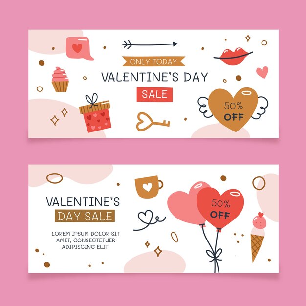 Flat valentine's day sale horizontal banners set