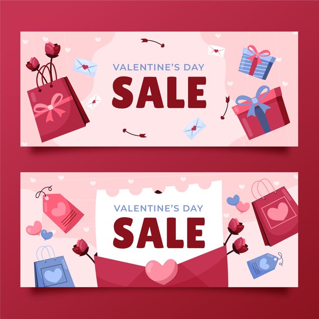 Flat valentine's day sale horizontal banners set