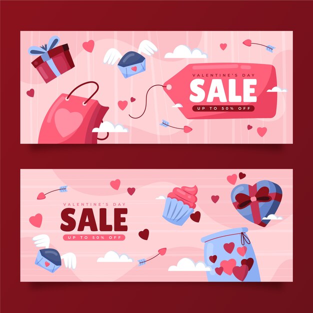 Flat valentine's day sale horizontal banners set