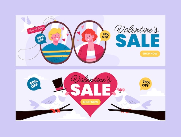 Flat valentine's day sale horizontal banners set