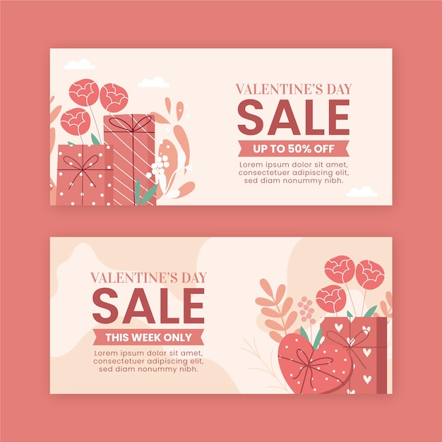 Flat valentine's day sale horizontal banners set