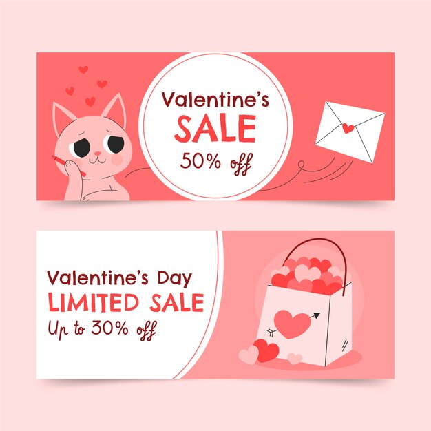 Flat valentine's day sale horizontal banners set