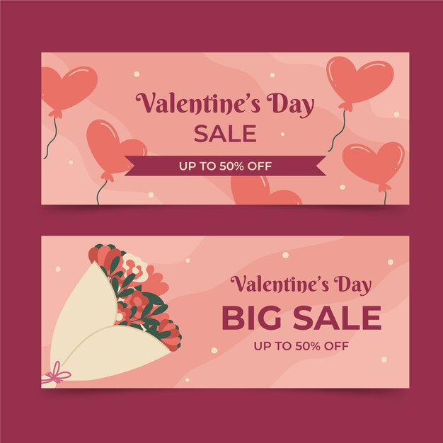 Flat valentine's day sale horizontal banners set