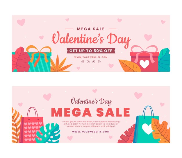 Flat valentine's day sale horizontal banners set