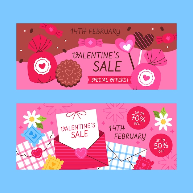 Free Vector flat valentine's day sale horizontal banners set