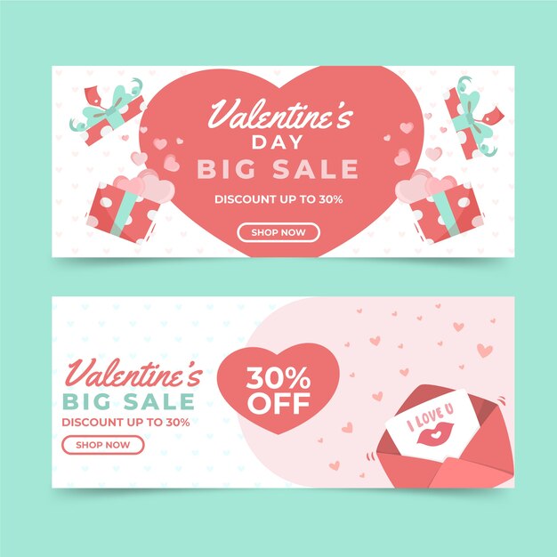 Flat valentine's day sale horizontal banners set