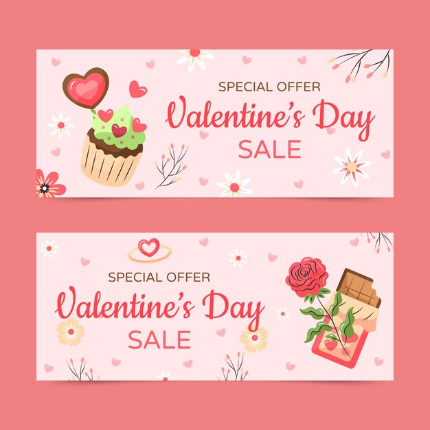 Flat valentine's day sale horizontal banners set