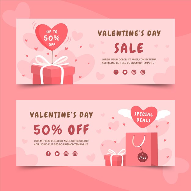 Flat valentine's day sale horizontal banners set