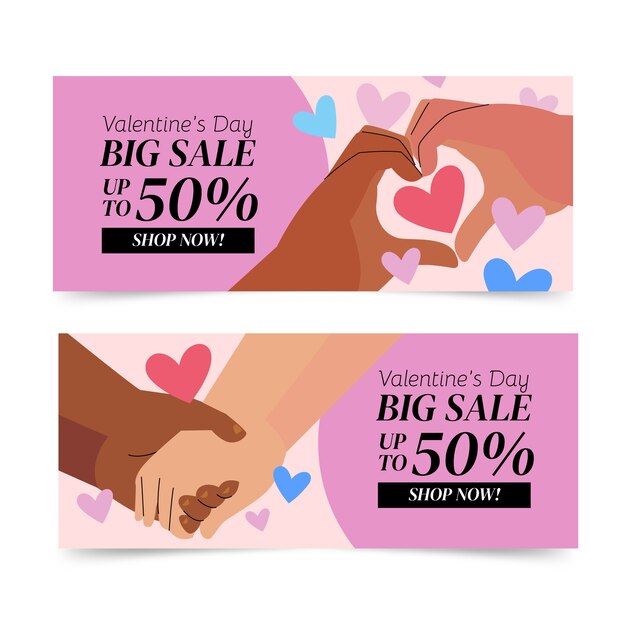 Flat valentine's day sale horizontal banners set