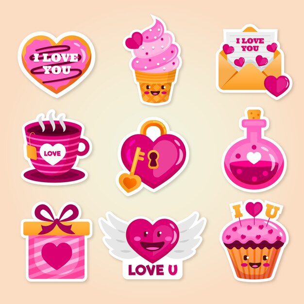 Flat valentine's day stickers collection