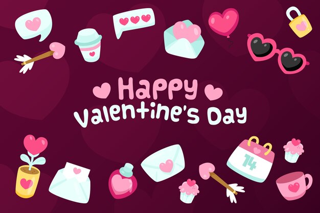 Flat valentine's day wallpaper with different elements