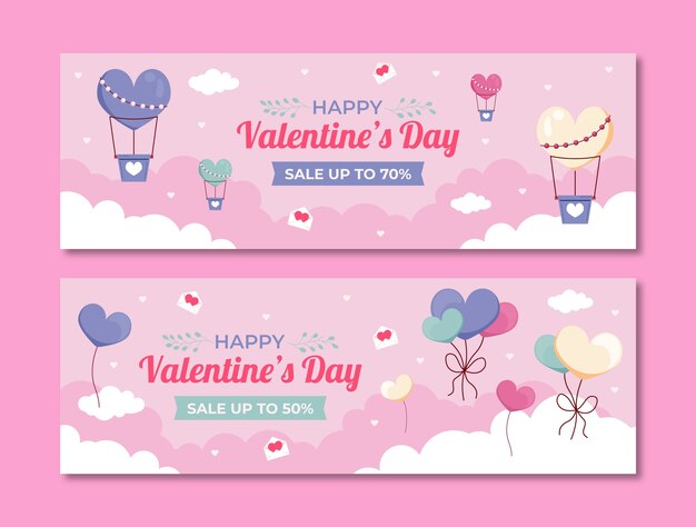 Flat valentines day celebration horizontal sale banners set