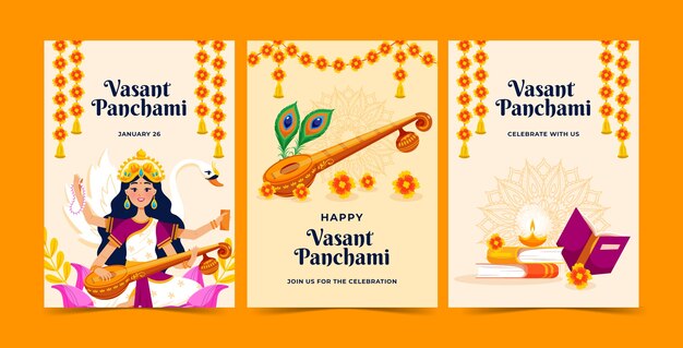 Flat vasant panchami greeting cards collection