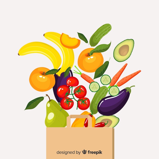 Flat vegetables and fruits background