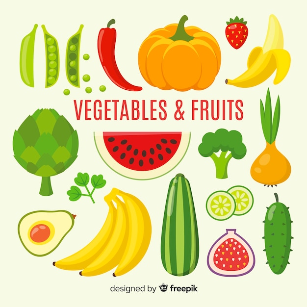 Flat vegetables and fruits background