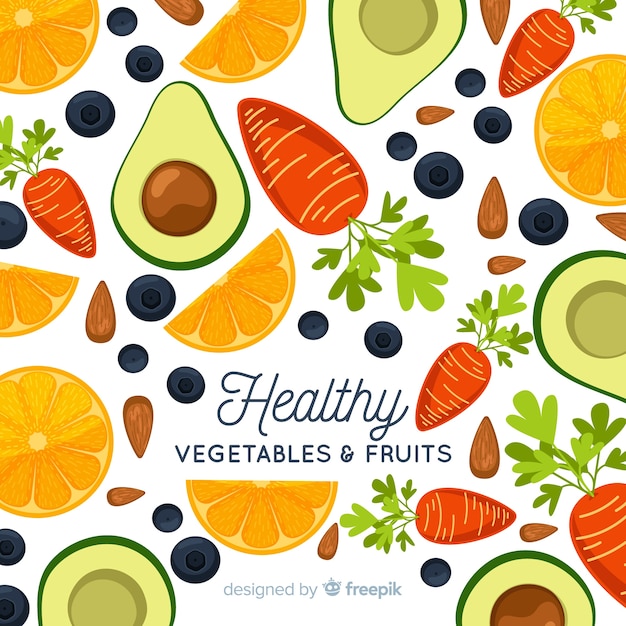 Flat vegetables and fruits background