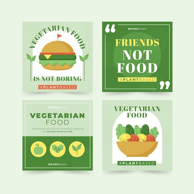 Free Vector flat vegetarian food instagram posts pack