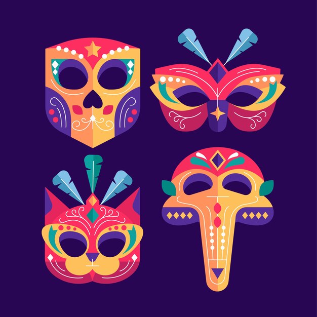 Flat venice carnival masks collection