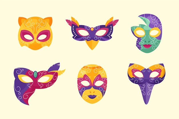 Flat venice carnival masks collection