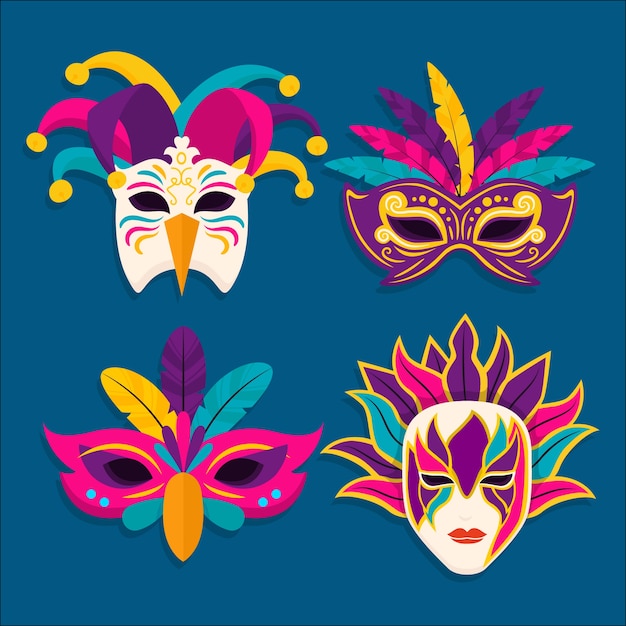 Flat venice carnival masks collection