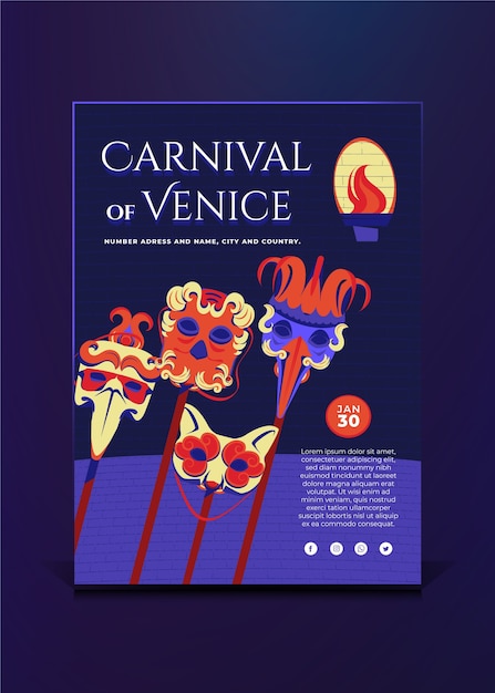 Free Vector flat venice carnival vertical poster template