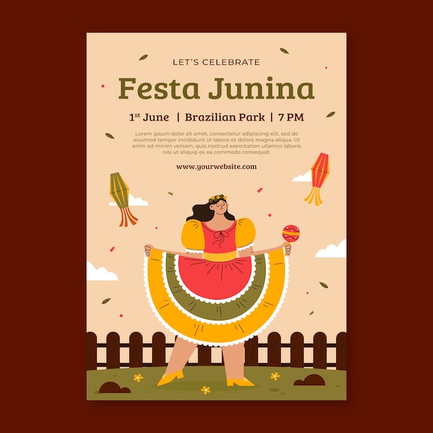 Flat vertical flyer template for brazilian festas juninas celebration