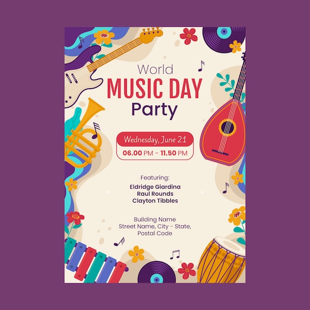 Flat vertical flyer template for world music day celebration