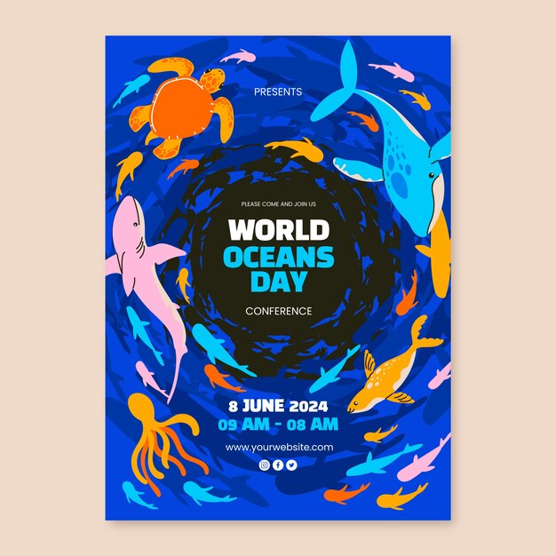 Flat vertical flyer template for world oceans day celebration