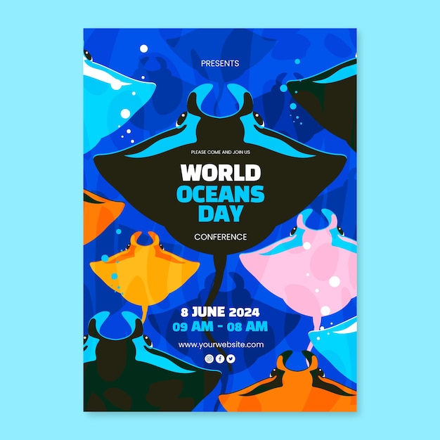 Free vector flat vertical flyer template for world oceans day with aquatic creatures