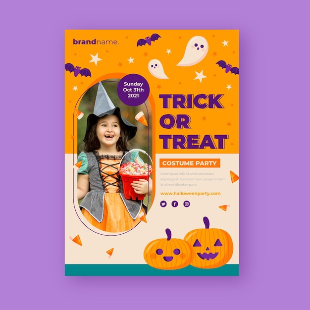 Flat vertical halloween party flyer template with photo