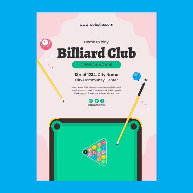 Flat vertical poster template for billiards club