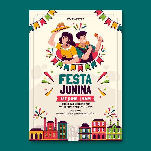 Flat vertical poster template for brazilian festas juninas celebrations