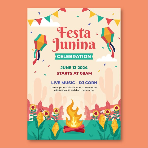 Flat vertical poster template for brazilian festas juninas celebrations